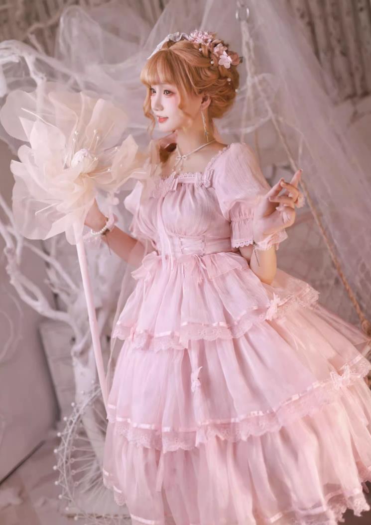 可愛いお嬢様姫系少女4色展開スクエアカラーエレガントウェディングOPドレス花神白仙气花嫁春夏ゴスロリワンピース ロリィタ華やかロリータ コスプレドレス日常服リボンパフスリーブ