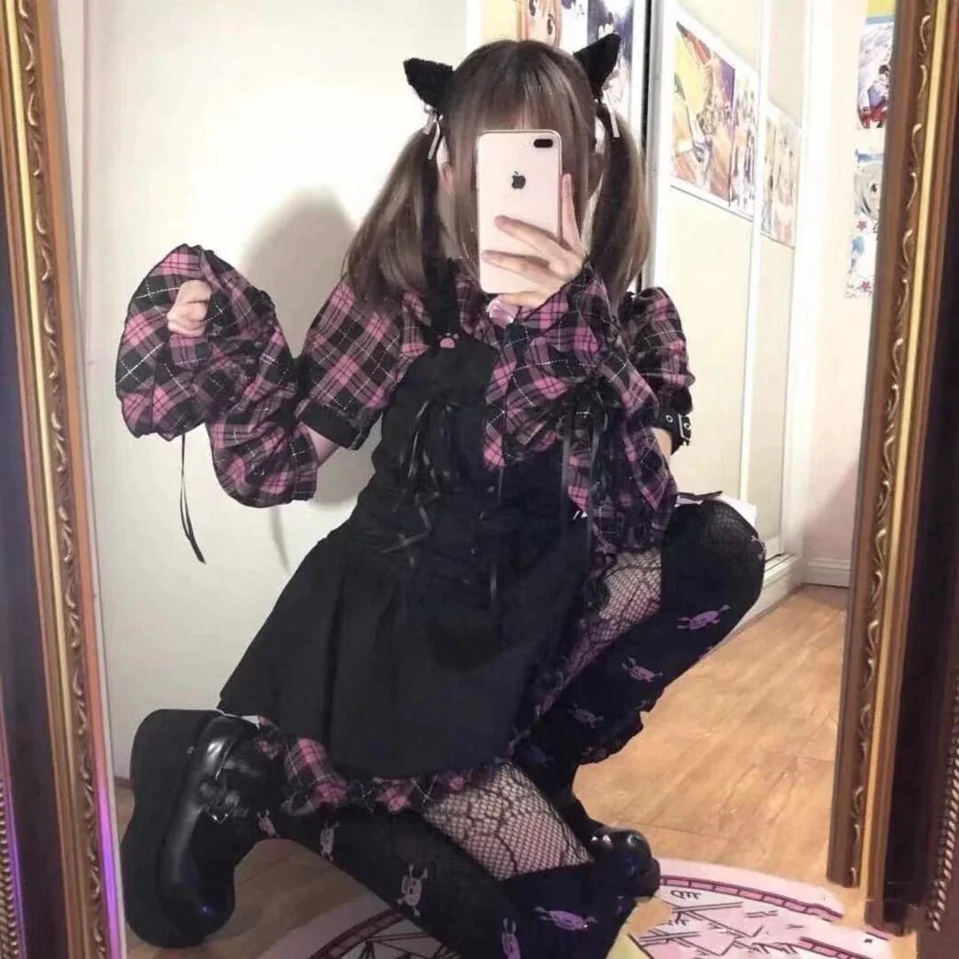 ロリータ 二次元 黒紫ロック猫jkチェック少女取り外し可能袖フリルワンピースop