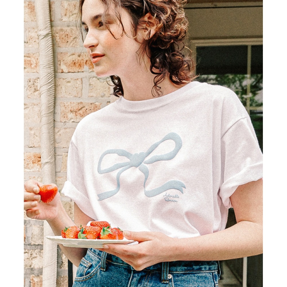 RONRON エンボハートリボンベーシックフィット T シャツホワイトブルー