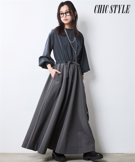 ロング・マキシ丈/半袖 リブ使い異素材ドッキングロングワンピース 大きいサイズ有 シックスタイル