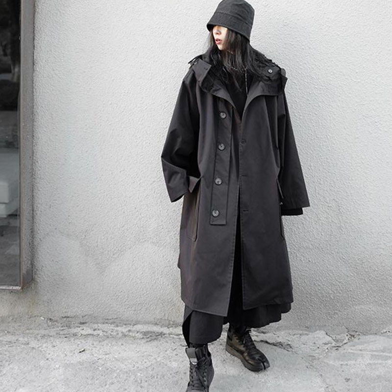 女性用ウインドブレーカーミドル丈フード付きブラックシンプルルーズラージサイズフード付きウインドブレーカーコート女性用ミドル丈ルーズラージサイズオールマッチ無地カジュアルレディースコート