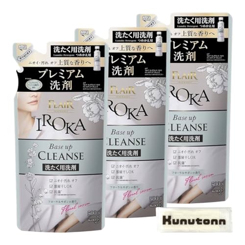 花王 フレアフレグランス イロカ IROKA 洗剤 洗たく用洗剤 ベースアップクレンズ フローラルサボンの香り 詰め替え 500g 3個セット + Kunutonnオリジナルロゴ入りhおしぼり付