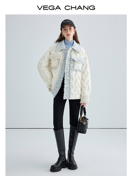 VEGA CHANG Xiaoxiangfeng ダウンジャケットショート 2024 新しい小さなツイード暖かいダウンジャケット