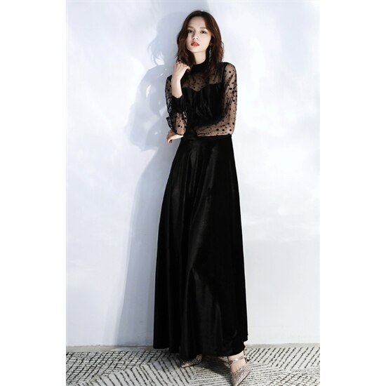 【取寄：納期2週間】結婚式ドレス ロングドレス 大きいサイズ XL 2XL ランタンスリーブ 長袖 シースルー お呼ばれ パーティードレス ロングスカート きれいめ エレガント 体型カバー 上品