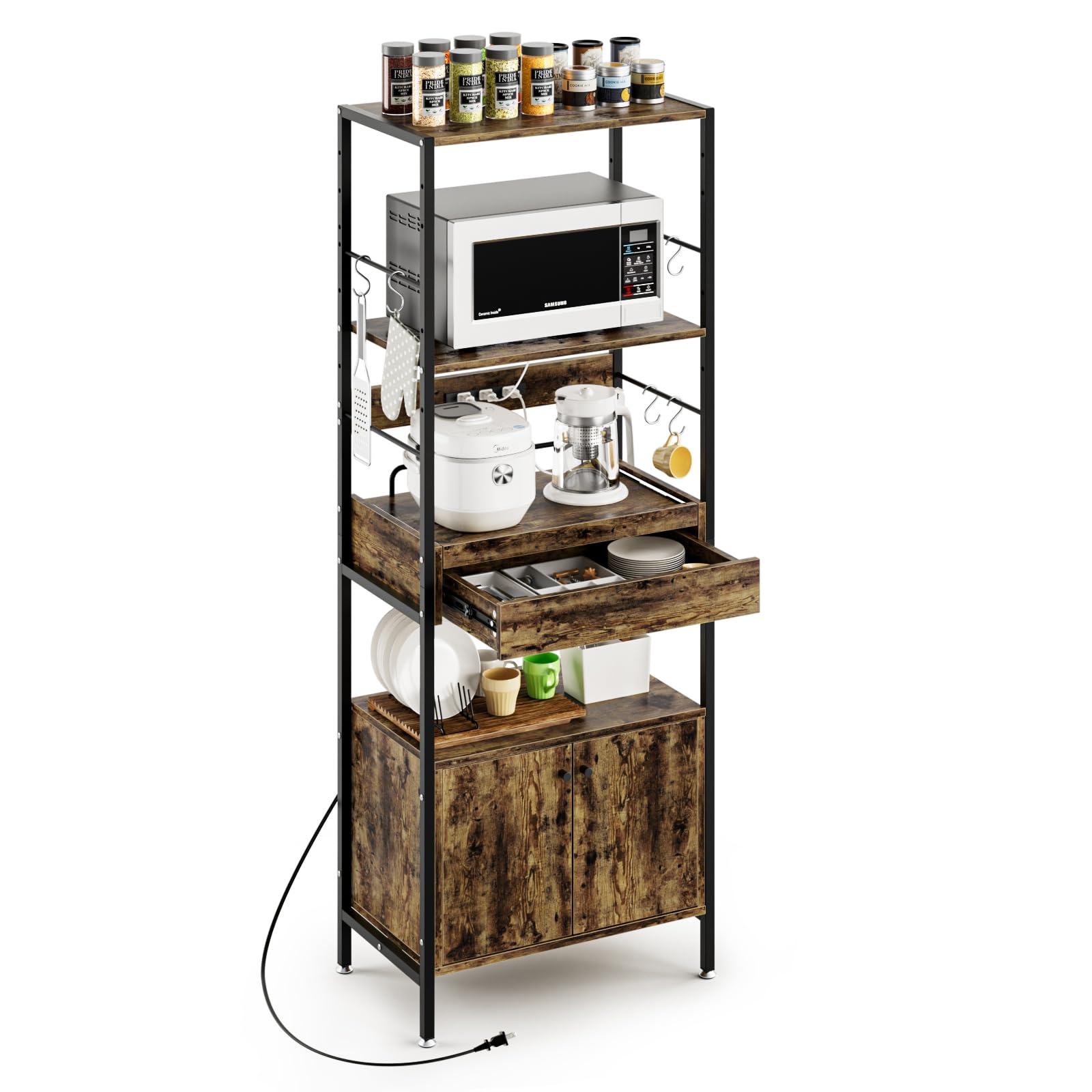 キッチンラック レンジ台 食器棚 キッチン収納 幅60 ラック DEWEL 6段 スライド棚 レンジボード 3口コンセント付き 家電や器具収納 省スペース 大型レンジ対応 耐熱 引き出し付き 棚板高さ