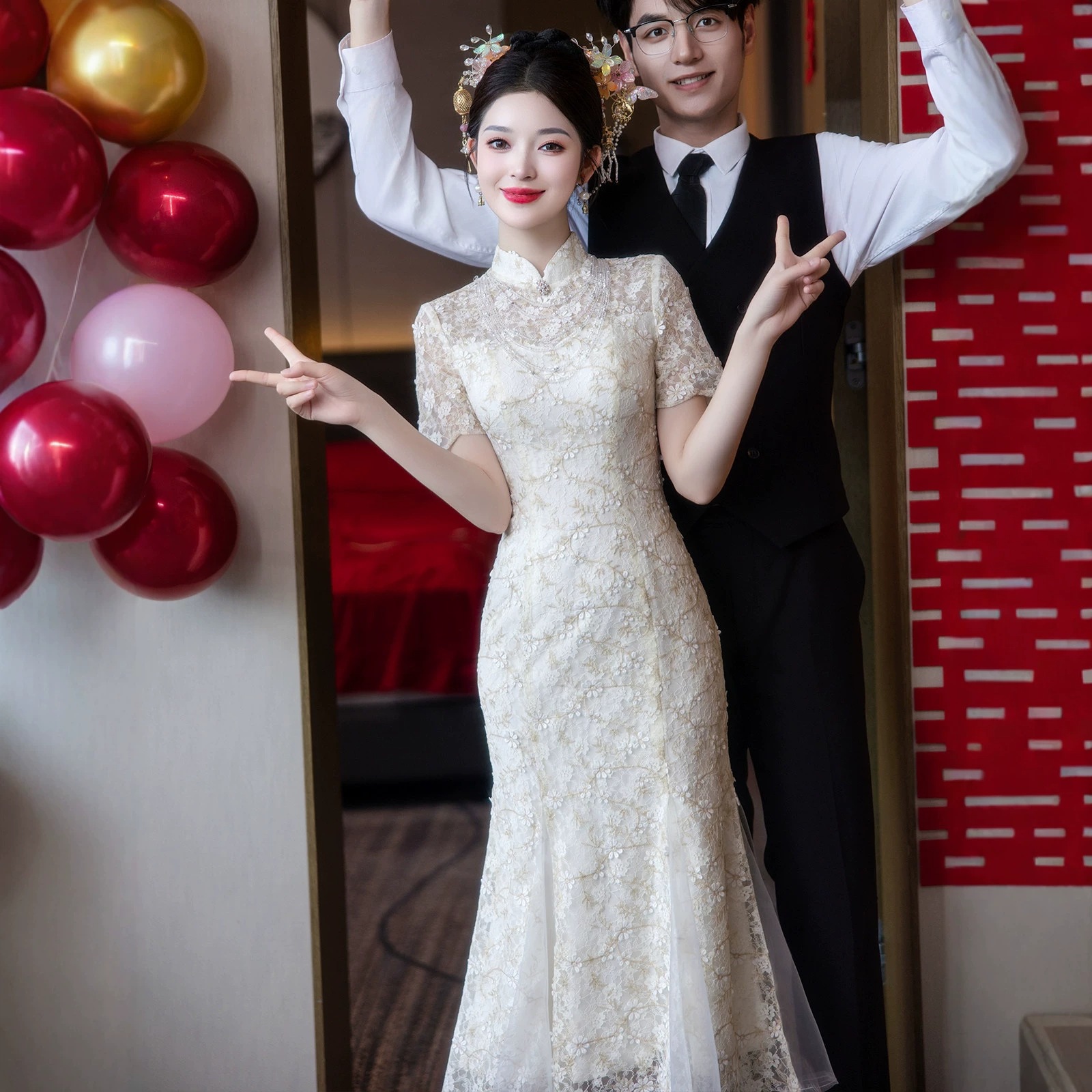 中式 お色直しドレス 新婦 フィット 婚約 レース チャイナドレス マーメイド 結婚 当日 ワンピース 国風 お色直し カジュアル