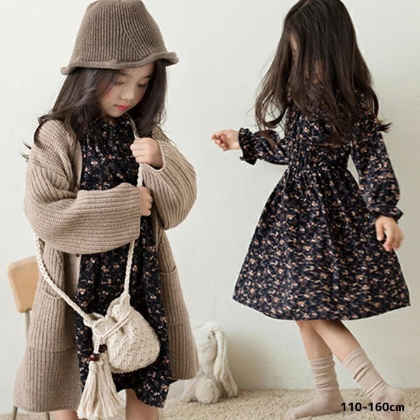 【新品】小花柄ネイビーワンピース　ハイネックフリル　親子リンク　秋冬 110 120 130 140 150 160cm