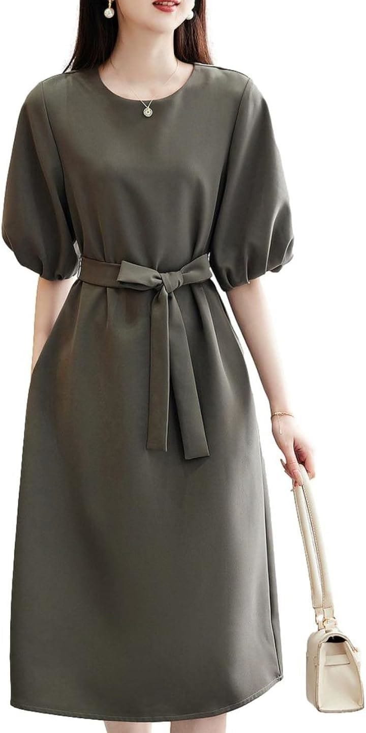 パフスリーブワンピース サッシュベルト付き ミディ丈 五分袖 ラウンドネック 無地 Iライン オケージョンドレス JS82-GY-L( グリーングレー, L)