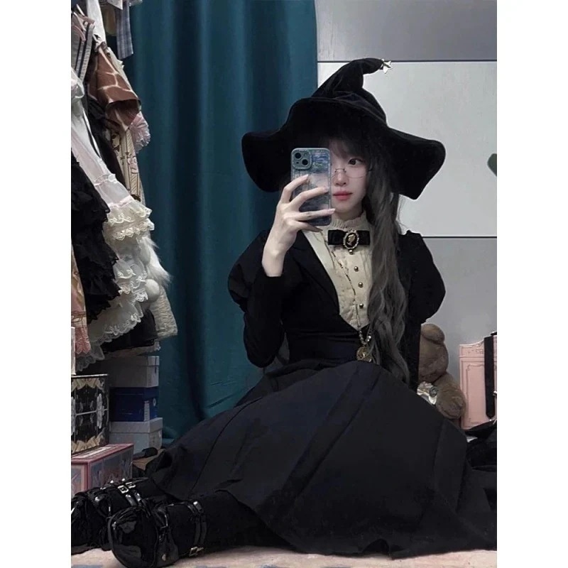 ハロウィンゴシックダークスタイルロリータ修道女ブラックロングウエストロリータドレス秋冬和服コスチュームコスチューム