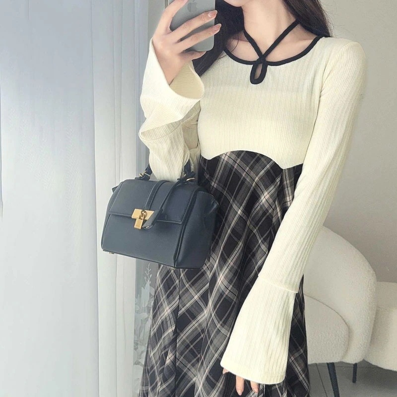 milybilet ワンピース レディース チョーカー 配色 パイピング バイカラー カットソー ドッキング チェック 袖フレア ハイウエスト フレアスカート 大きいサイズ