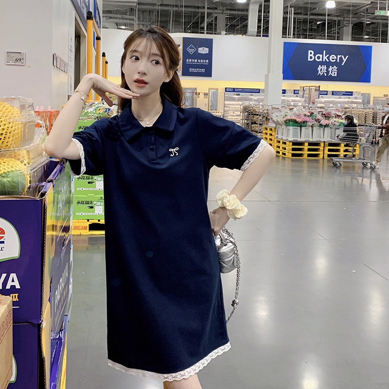 実際の弓刺繍レースレーススプライシングドレス2024新しいカラーブロッキングルーズカジュアルポロドレス