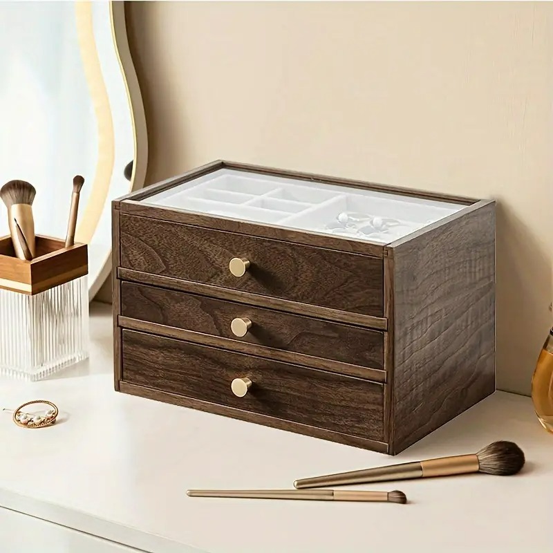 ジュエリーオーガナイザー ヴィンテージ調 木製 3段の引き出し 仕切り付き ナチュラル シンプル かわいい 素朴 ディスプレイ SNS映え 4-7