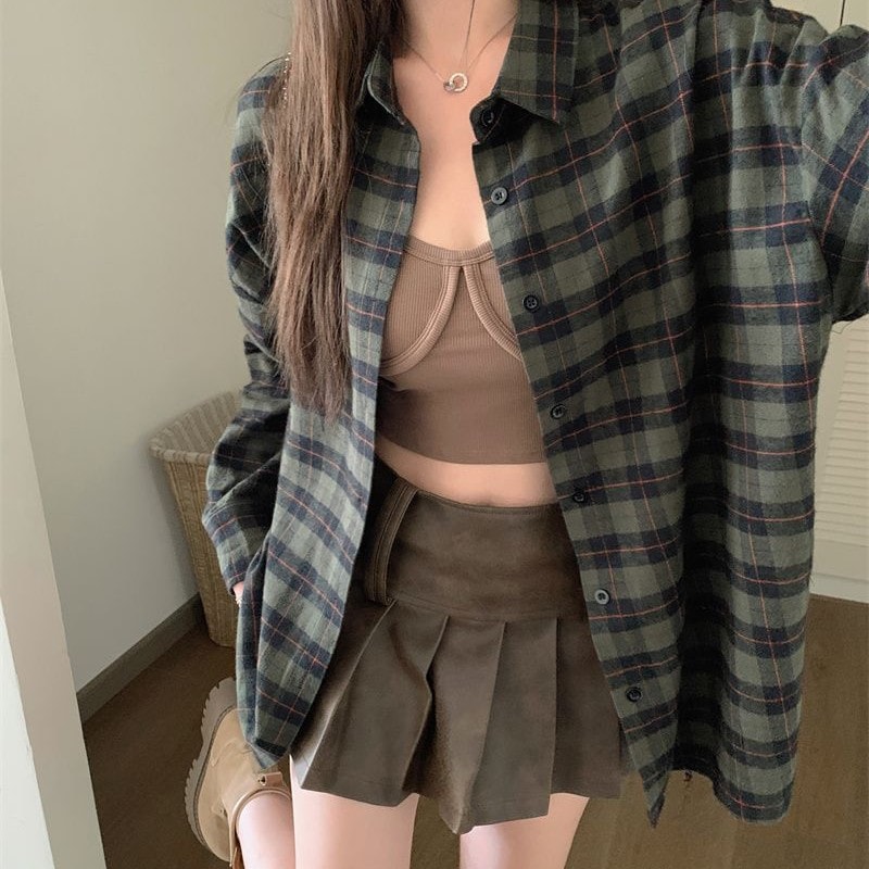 緑 チェック シャツ レディース 長袖 アウター ゆったり リラックス風 chic 高級 レトロ シャツ カーディガン アウター661332