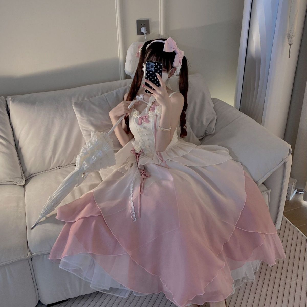 ミスティチェリーピンクグラデーション風春ボーンサスペンダーサマーロングスカート 4,504円