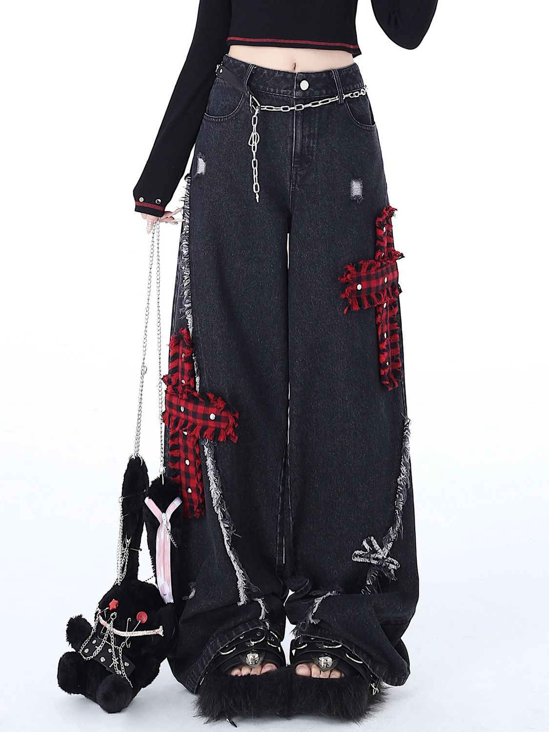 ダメージデニムパンツ Y2K ストレート ワイドパンツ ゆるい モップパンツ