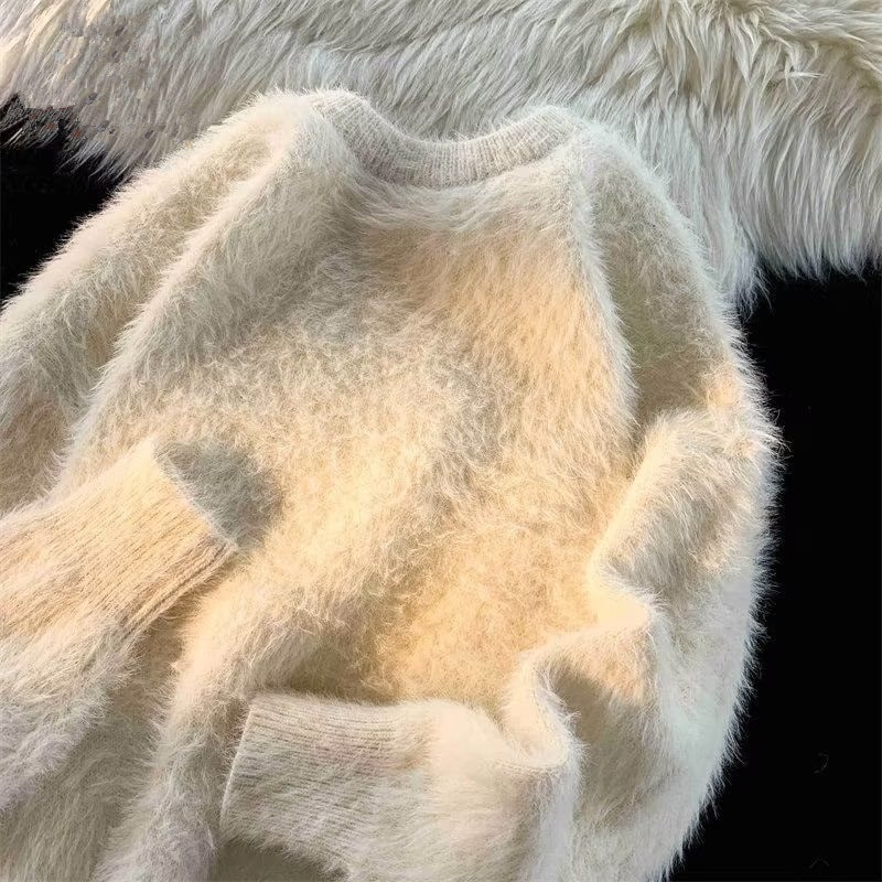 【高.品.質】【高级感素材】アメリカンのもちもちしたモコモコだらしない風セーター丸首ニット男女秋冬港風insハイストリートコート ニットセーター メンズ セーター モヘア風 モヘアタッチ 無地ニット