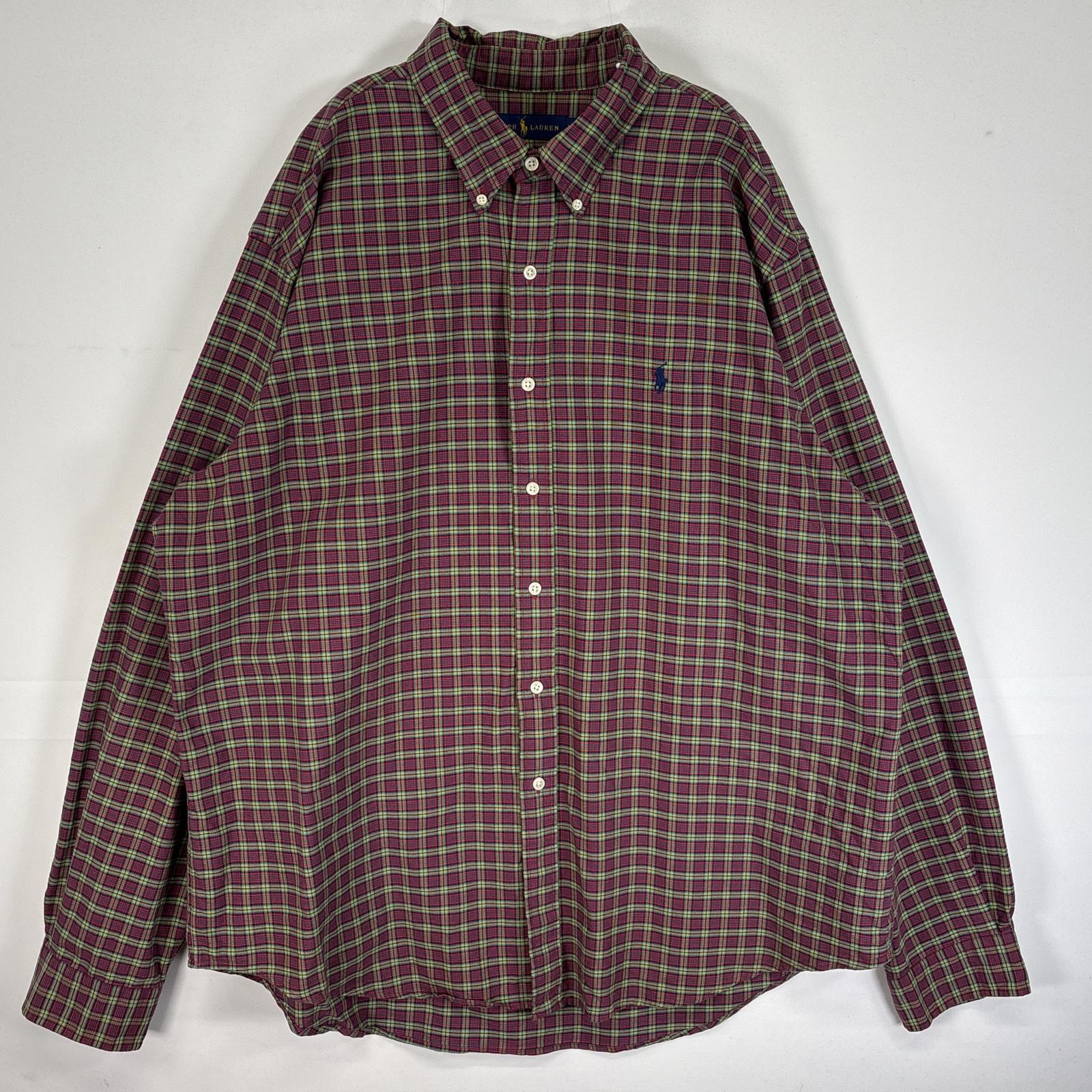 古着 長袖シャツ チェック ロゴ 刺繍 大きいサイズ 肉厚 XXL レッド系 マルチカラー メンズ