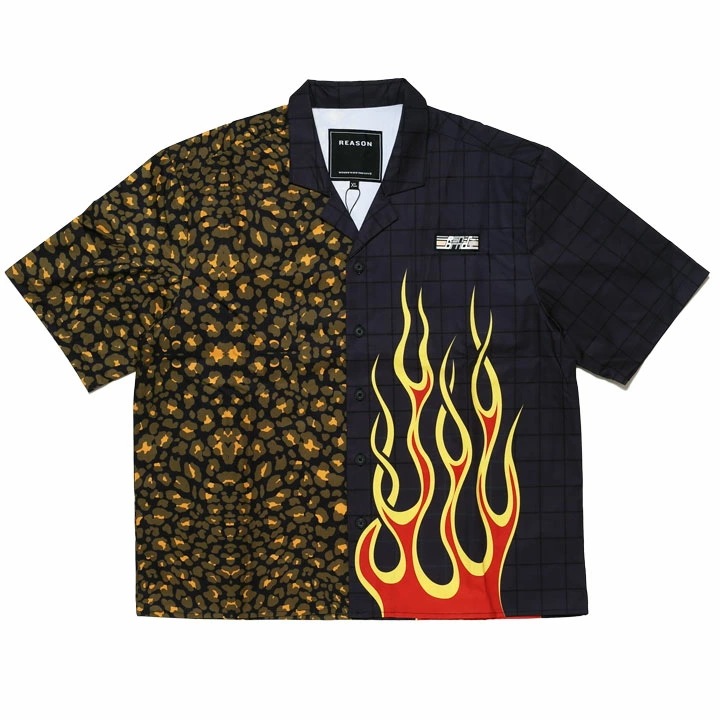 REASON 半袖シャツ メンズ 春夏用 黒 大きいサイズ リーズン シャツ 半袖 柄シャツ アロハシャツ 開襟シャツ ファイヤーパターン ヒョウ柄 おしゃれ