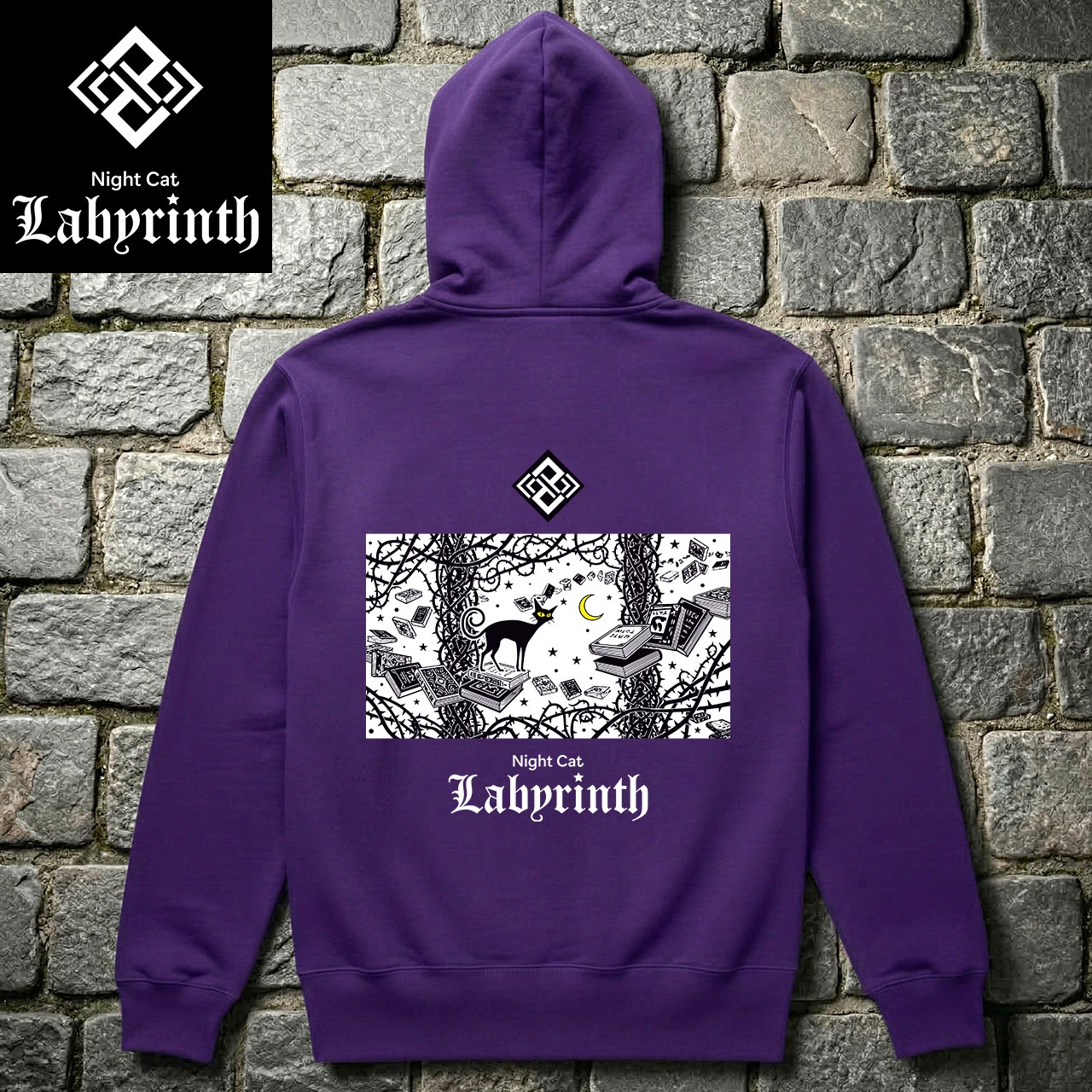 【Night Cat Labyrinth】ナイトキャットラビリンス 『空中図書館』 フルジップパーカー 10oz 裏パイル (パープル)　黒猫 ゴシック ダークファンタジー ストリートファッション