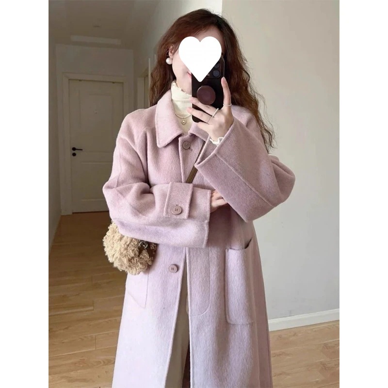 韓国風ヘップバーン風の紫色のウールコートレディース新しい秋冬スタイル小柄でミドル丈の厚手ウールコート