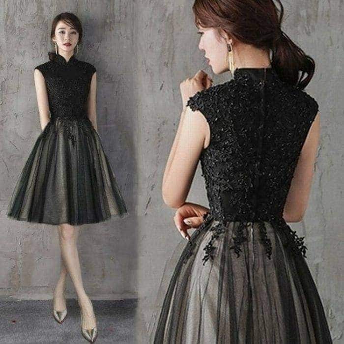 ビーズ刺繍ブラックレイヤードチュールスカート結婚式デート演奏会ツーピース風ハイネックノースリーブフレアスカートレースパーティーおしゃれスパンコールゴージャス大人可愛いスタイリッシュミディアムワンピース