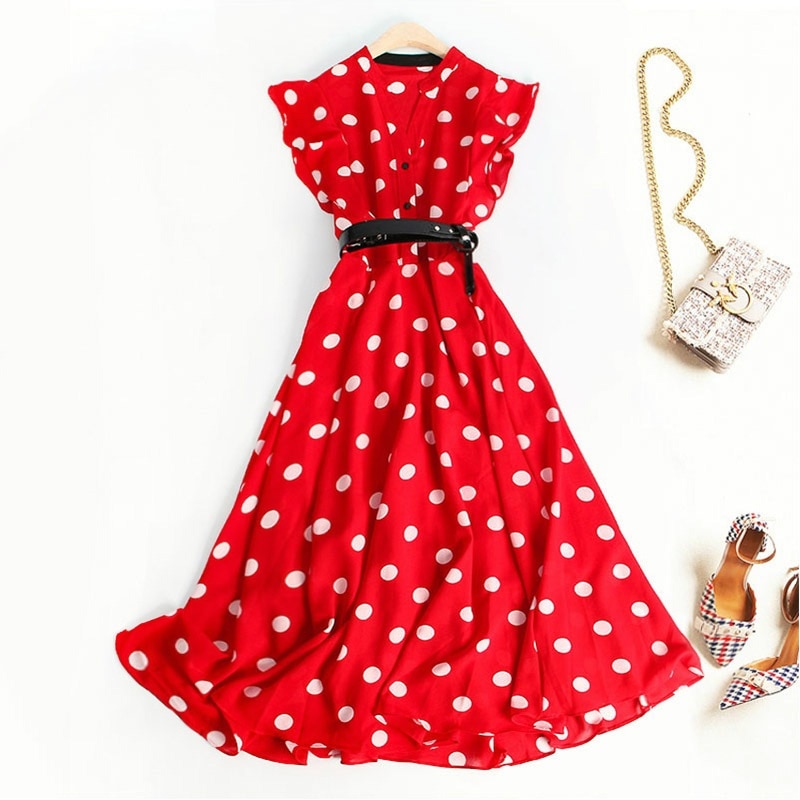 ワンピース リラックス 大人かわいい 水玉 キュート フレアスリーブ フェミニン レッド レトロ ブラック 魅力的 シンプル ロング丈 可愛い ドット柄 母親 ホワイト ナチュラル フレアワンピ