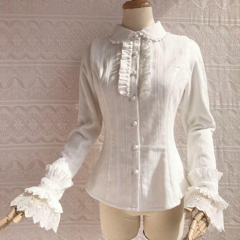 ブラウス ロリータ シャツ 長袖 冬 秋春 レディース フリル かわいい XS - 3XL ジャガード織 裏起毛 選べる生地 エレガント
