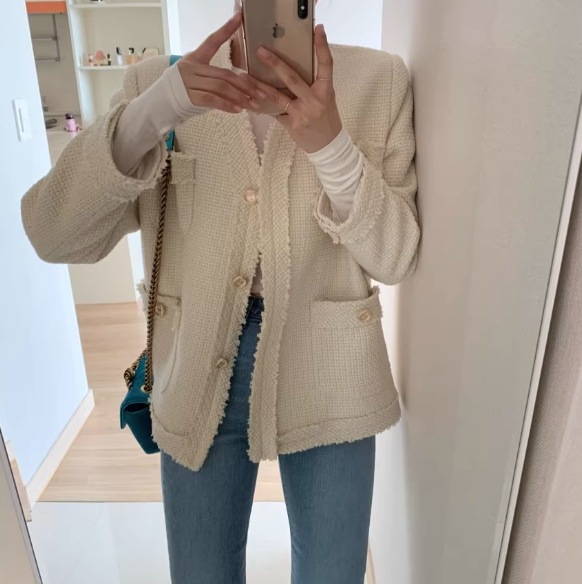 フリンジ Vネック ツイードジャケット フロントボタン 黒 ミディアム丈 韓国 レディース オルチャン 長袖 春 秋 スプリングコート 上品 きれいめ 謝恩会 ノーカラー ３つボタン 通勤