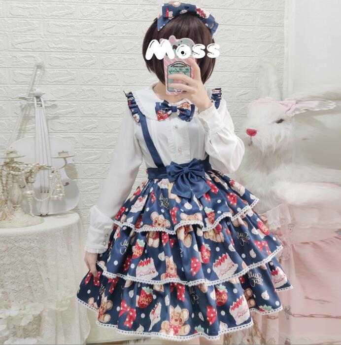 可愛い サロペットワンピース ロリータワンピース ティアード サロペット ドレス 長袖ブラウス ロリータブラウス リボン付き 萌え萌え 熊柄 コスプレ ダンス衣装 コスチューム 学園祭 文化祭