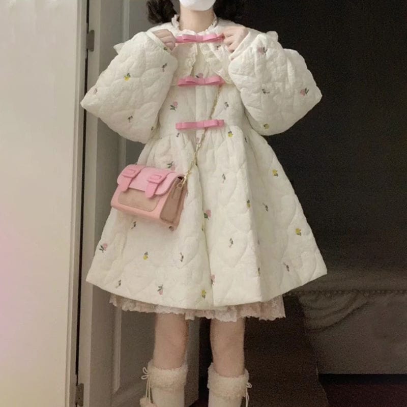 冬アウター 甘い やさしい リボン本 肉厚保温 綿入れの服 コート着 学生 冬 ゆとりがある ミディアム 綿入れの上着 韓国ファッション