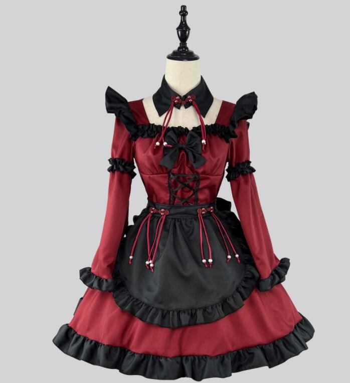 迅速な出荷 長袖 メイド服 レディース ゴスロリ＆ゴシック メイドコスチューム 膝丈 ミドル丈 Ａライン ロリータ ワンピース ワインレッド＋ブラック スクエアネック 裾フリル ゴシック 小悪魔 メイ