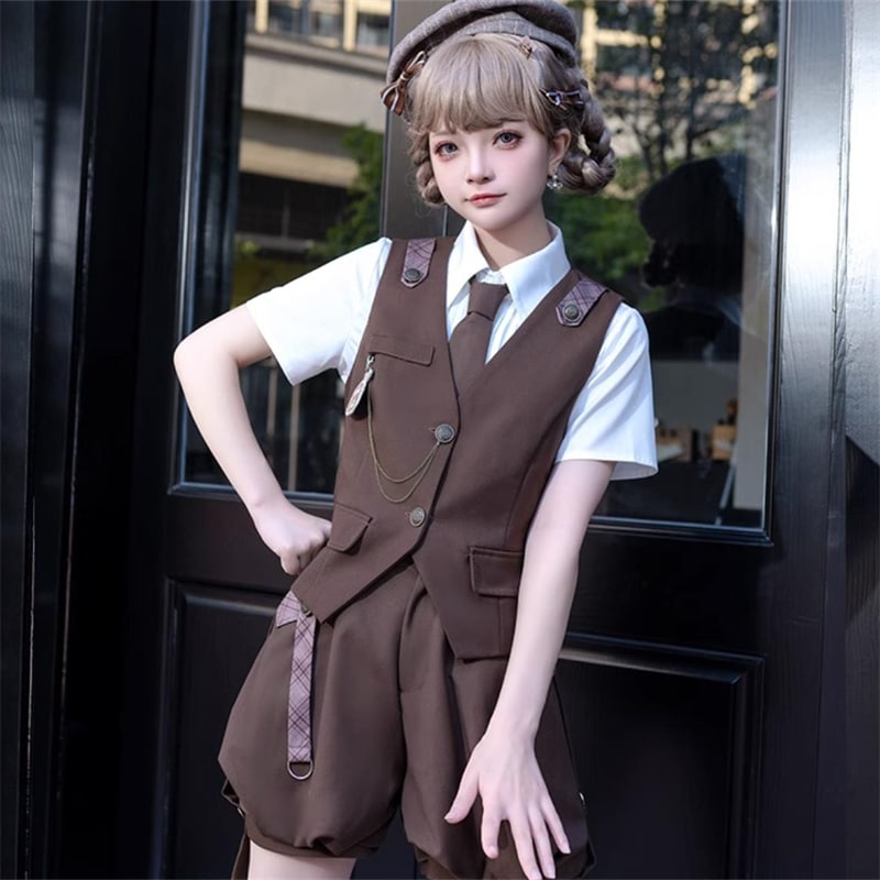 ロリータ セットアップ 復古cla系 王子系 皇子系 探偵 コスプレ 半袖シャツ ベスト サスペンダー キュロットパンツ 少年装 レトロ おしゃれ ゴスロリ