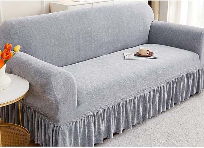 ソファーカバー 3人掛け 伸縮式 アームレスト付き グレー無地 フリル付き 犬や猫にぴったりフィットするソファーカバー 伸縮素材 爪による摩耗防止 滑り止め 縦横伸縮性 丸洗い可能 オールシーズン対応