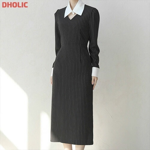 [メガ割りSALE]カラー付Vネックストライプワンピース