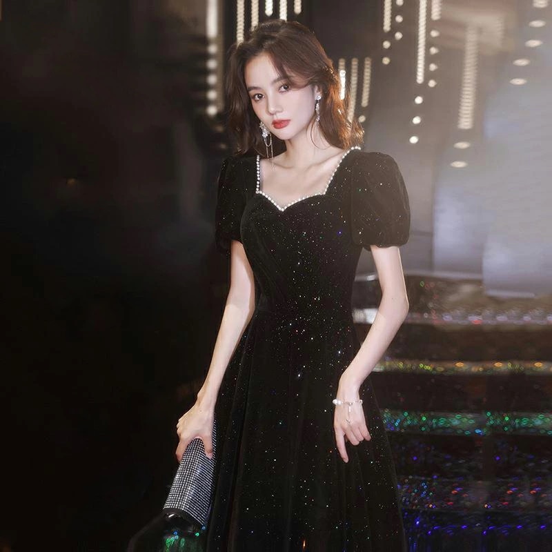 イブニングドレス 黒 ベロア ベルベット 発表会ドレス ロングドレス ブラック パフスリーブ パール エレガント オシャレ パーティードレス 結婚式ドレス 二次会ドレス お呼ばれドレス ミモレ丈 ロン