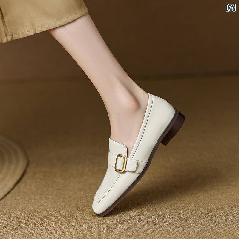 ローファー レディース オフィス 通勤 仕事 英国 フラット ホワイト 女性 秋 革 スクエアトゥ 深口 革靴