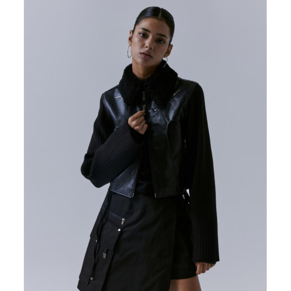 TREEMINGBIRD 2way Collar Knit Sleeve Vintage Leather Jac