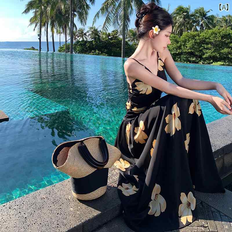 ワンピース レディース 大人 リゾート サスペンダー ロング スカート Vネック プリント バックレス ドレス 女性 夏 フランス 黒い スカート