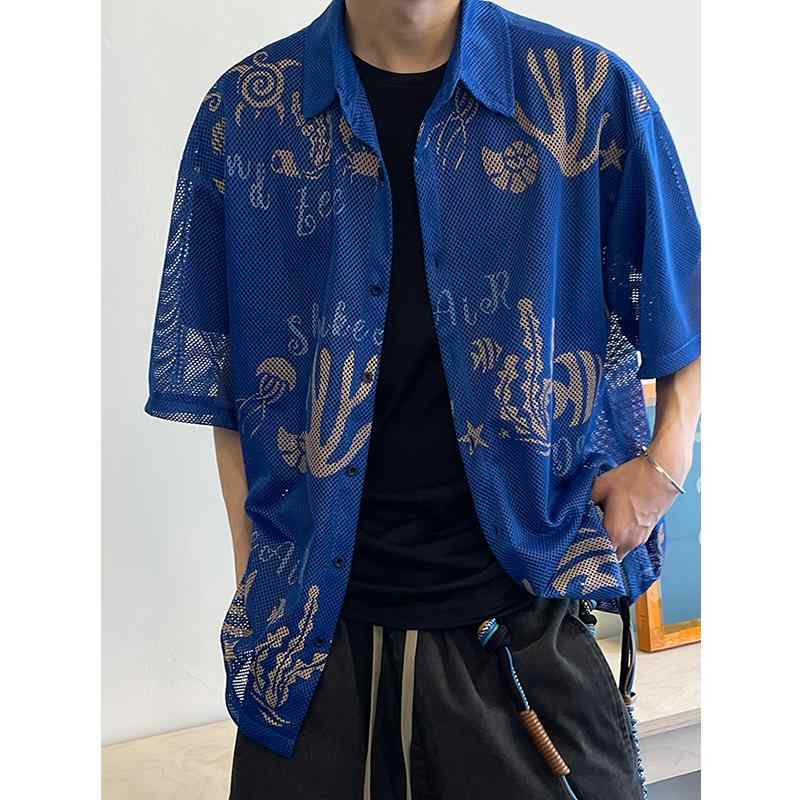 シャツ メンズ 夏 ルース レトロ メッシュ 海 プリント 半袖 通気性 薄手 青