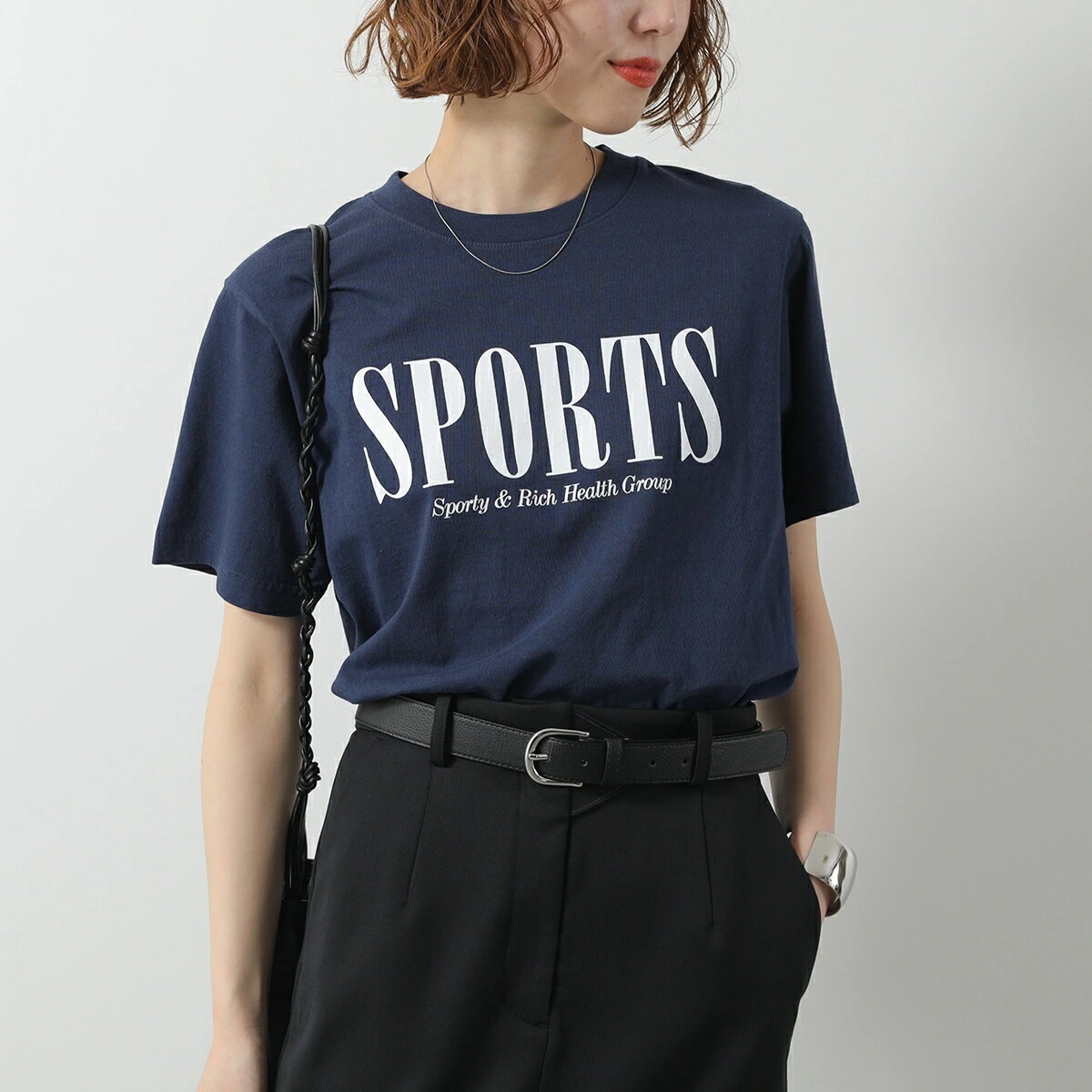 SPORTY＆RICH スポーティアンドリッチ Tシャツ TS873 レディース 半袖 カットソー コットン クルーネック ロゴ ネイビー 【mega】