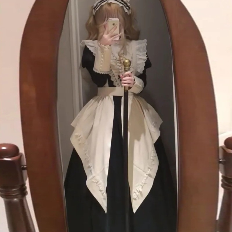 ダークテーマのロリータ女性用ツーピースセット春と秋パフスリーブワンピースメイドサロペットエプロン