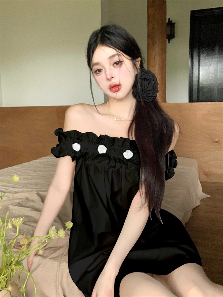 夏 オフショルダー ショートワンピース フリル 花飾り レディース ワンピース30%までに制限