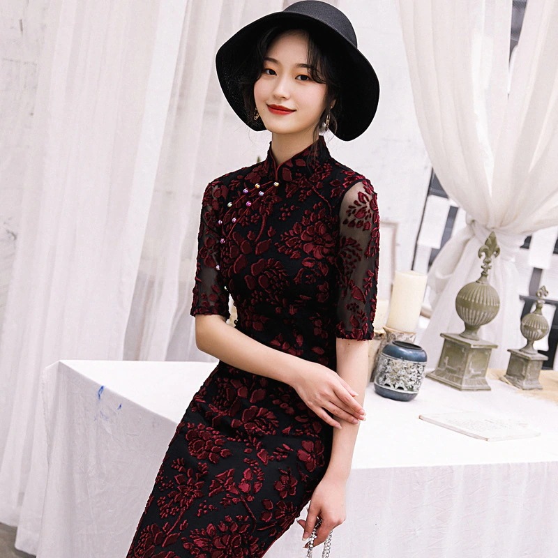 ワンピースドレスドレス2025スプリングレースセクシーな二重層レースハイスリットレトロスタイルショーショーエチケットデイリーチョンサム