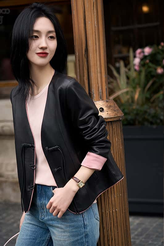 高品質新入 【2025新作】本革×フェイクレザー レディースジャケット 黒 ピンクトリム 中国風ボタン付き カジュアル・エレガントジャケット M-2XL 【X&W】