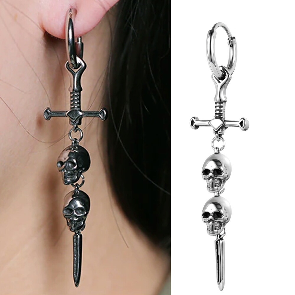ダブルスカルソード フープピアス 1個販売 片耳 短剣 日本刀 ドクロ 髑髏 串刺し 十字架 クロス ロザリオ リングピアス シルバー 銀色 18G 男性 女性 プレゼント shp-s-00437xx
