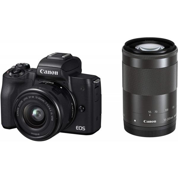【中古】キヤノン Canon EOS Kiss M ブラック ダブルズームキット SDカード付き