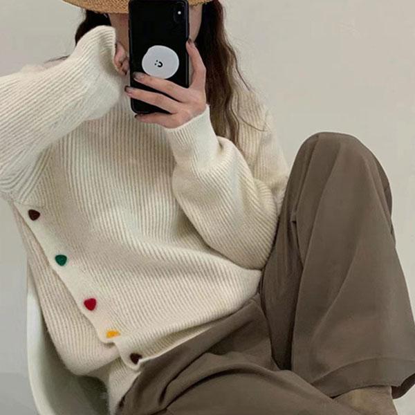 ゆったり ニット ハイネックセーター レディース ニットセーター ニットソー トップス ボタン付き 長袖 リブニット オーバーサイズ 秋冬