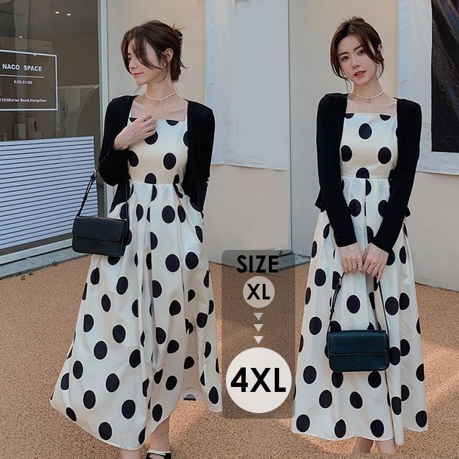 ワンピース 綿 水玉柄 スクエアネック ぽっちゃり 2点セット スリングドレス 体型カバー 涼しい エレガント 着やせL~4XL可愛い ミモレ丈 Aライン 韓国 大人の 夏ワンピ リゾートワンピ 旅行