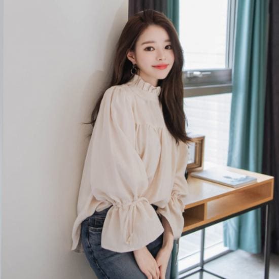 ブラウス レディース 長袖 トップス シャツ フリル ハイネック スタンドカラー フリルブラウス フリルシャツ 秋 秋冬 無地 オフィス 通勤 カジュアル 透け感