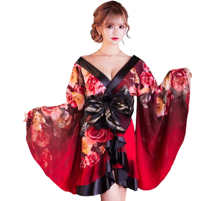 【SMLサイズ/2カラー】花柄 シフォン オフショル フリル 美胸 ミニ 豪華 帯 花魁 着物 ドレス コスプレ イベント ハロウィン [1140]